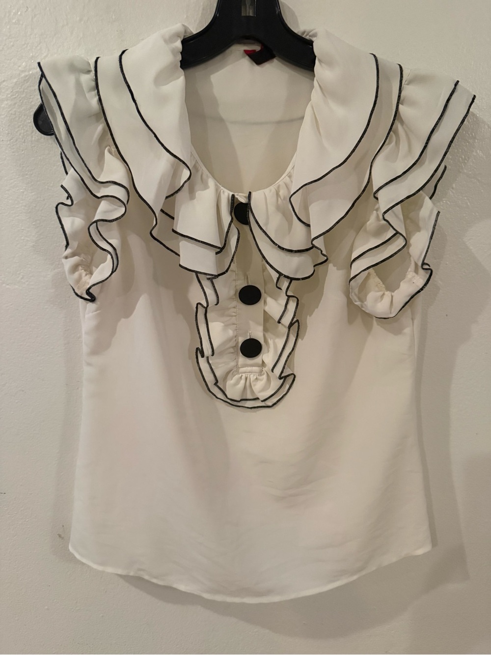 5/48 Cream Sleeveless Ruffled Blouse with Black Trim